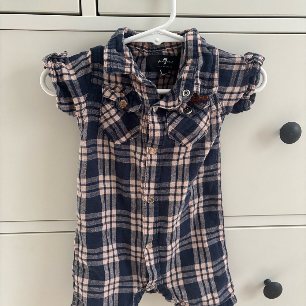 7 For All Mankind Plaid Short Sleeve Baby Romper, 12 months